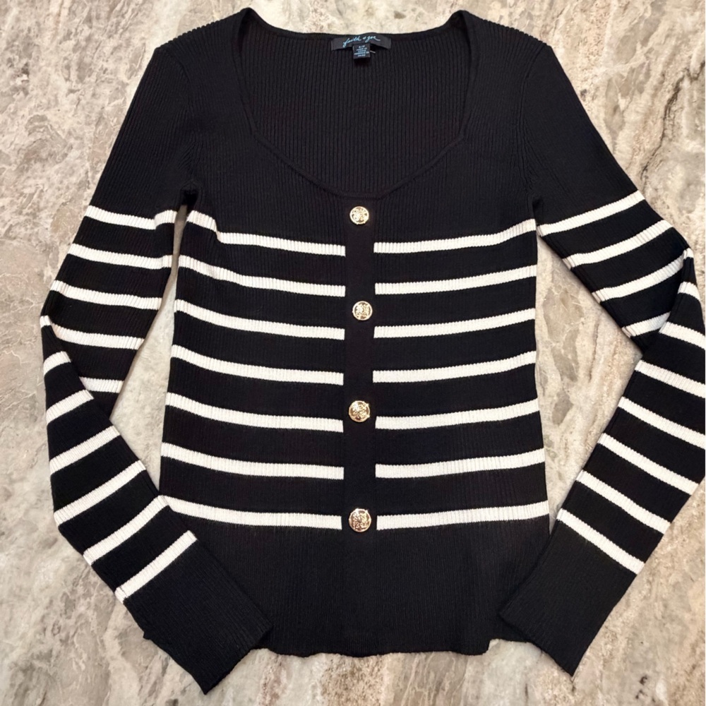 Faith and Zoe Black White Striped Cardigan Gold Buttons Small Preppy